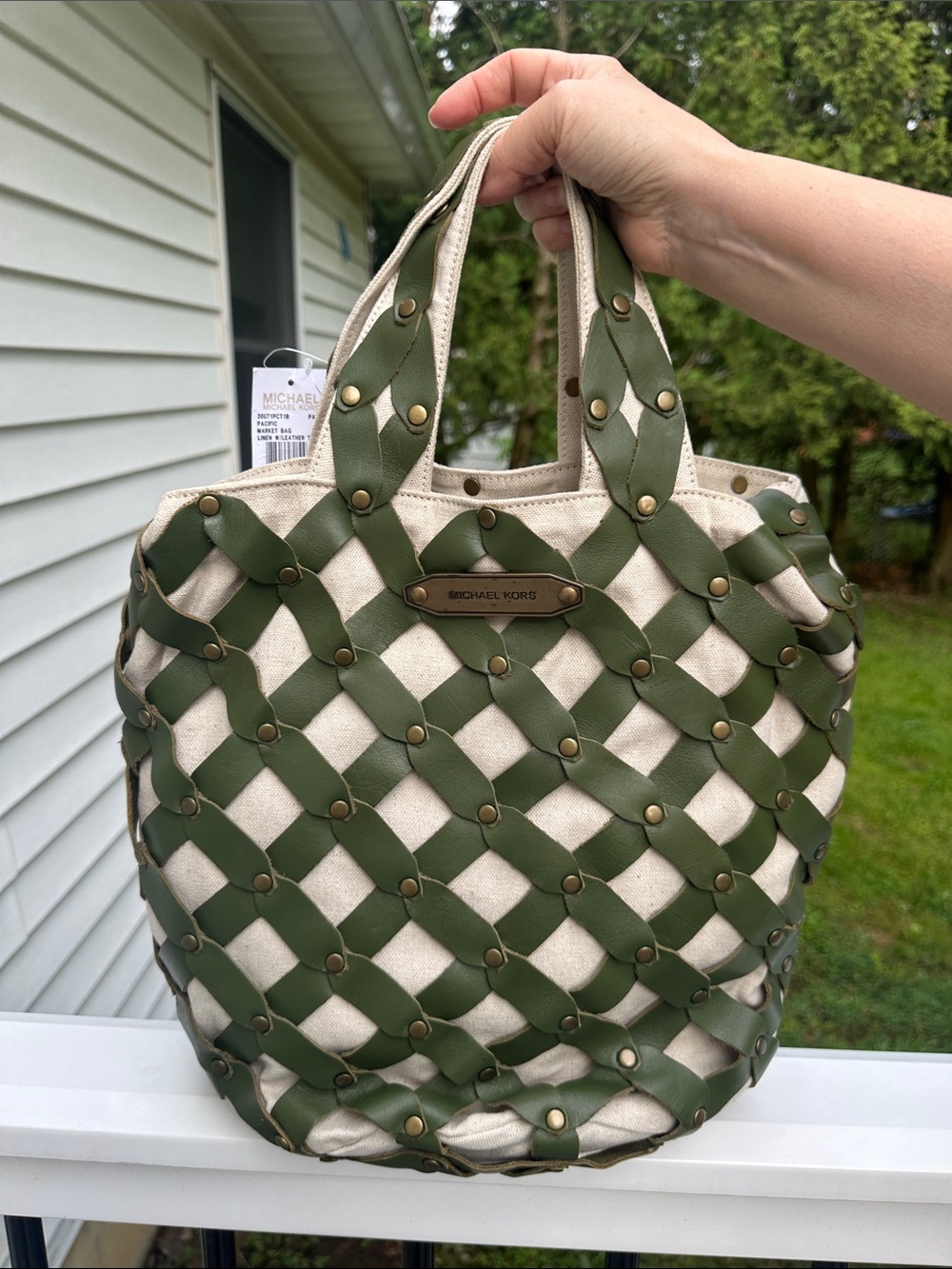 Michael Kors Olive Green and Cream Woven Lattice Tote